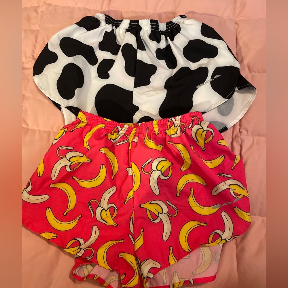 2 pair women’s xsmall BOA running shorts cow print and pink banana split